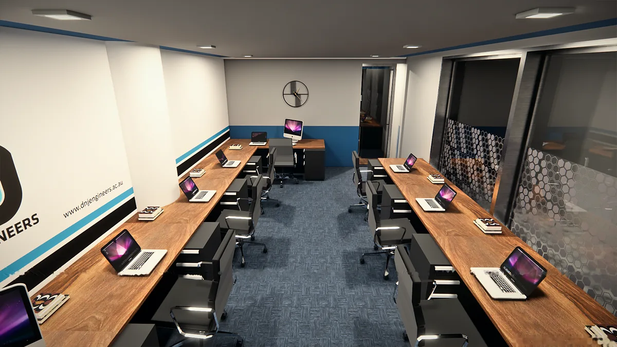 Render of the DnJ Engineering office: timber-topped workstations along both walls beneath the DnJ wall graphic