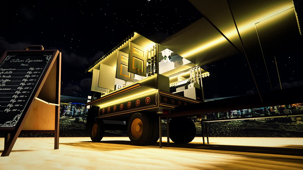 Night render of the TCC food truck on a beach, serving hatch open and lit by warm strip lights